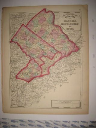 Antique 1872 Delaware Montgomery Bucks County Philadelphia Pennsylvania Map Fine