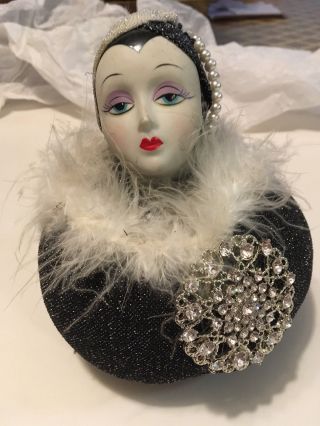 Vintage Art Deco Porcelain Flapper Girl Doll Hat Pin & Broach Cushion Holder