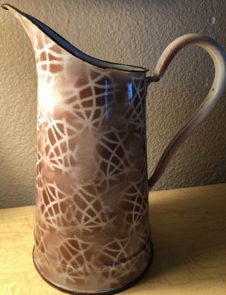Vintage Enamelware Pitcher Tortoise Shell Flower Vase Brown White Rare Unique