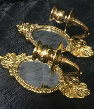 Vintage 8.  5” Matching Set Of Brass Wall Mirror Candle Holder Sconces Regency