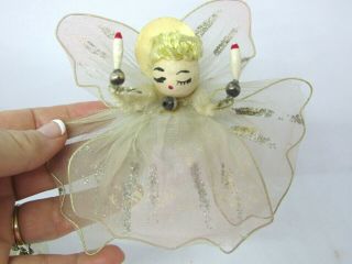 Antique Vintage Spun Cotton Angel Christmas Ornament,  Chenille,  Tulle,  Wire,  5 "