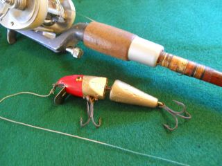 Old Vintage Pflueger Jointed Palomine Wood Fishing Lure w/ Perfect Glass Eyes 2
