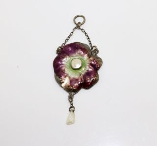 A Pretty Antique Victorian Arts & Crafts Sterling Silver Enamelled Pearl Pendant 2
