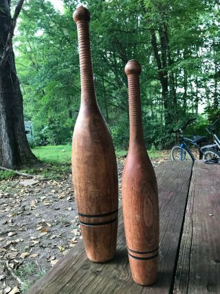 Two Vintage Antique Wood Exercise Juggling Carnival Circus Bowling Pins Clubs 2