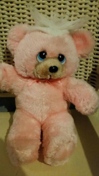 Vintage Pink Teddy Bear Tagged Made In Korea.  Blue Eyes And Crazy White Hair.  30