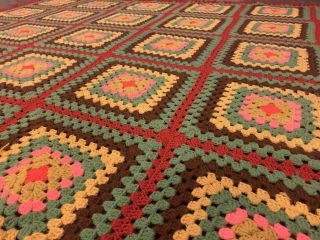 Vtg Handmade Crochet Throw Blanket Afghan Earthy 70’s Retro Colors 67” X 79”