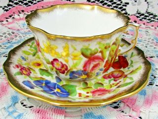 Hammersley Queen Anne Pattern Hp Flowers Heavy Gold Tea Cup And Saucer