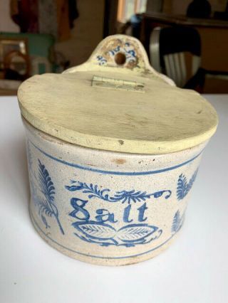 Antique Blue And White Stoneware Salt Glaze Salt Crock Cellar With Wooden Lid