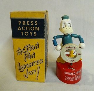Rare 1950`s Kohner Walt Disney " Donald Duck " Press Action Toy In The Box