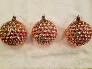 VINTAGE RARE EARLY 50 ' s 3 ORANGE/RED INDENTED MERCURY GLASS CHRISTMAS ORNAMENTS 2