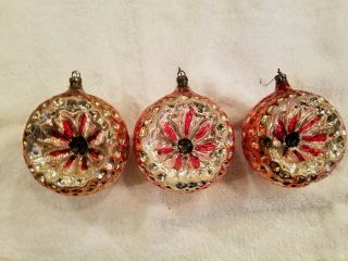 VINTAGE RARE EARLY 50 ' s 3 ORANGE/RED INDENTED MERCURY GLASS CHRISTMAS ORNAMENTS 3