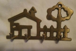 Vintage Brass Wall Hanging House Tree Key Holder Hanger 4 Hooks Home Organize