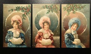 3 Antique Christmas Postcards Hold To Light? Girls