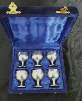 6 Vintage Chased Silver Plate Miniature Goblets / Brandy Snifters In Velvet Box