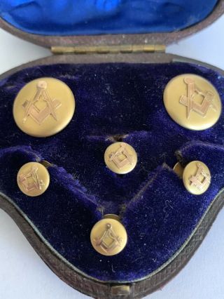 Fine Rare Victorian 9ct Gold Masonic Shirt Stud Set In Fine Fitted Case