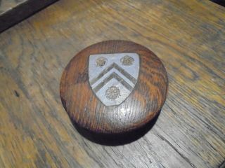 Rare Vintage Antique Wooden Treen Round Lidded Box College Oxford Emblem