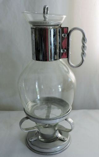 Vintage Coffee & Tea Carafe Warmer Stand Glass With Silver Detailing