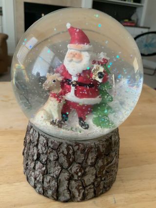 Vintage Snow Globe Santa Reindeer Christmas Tree Rudolph On Log Old Holly Rare