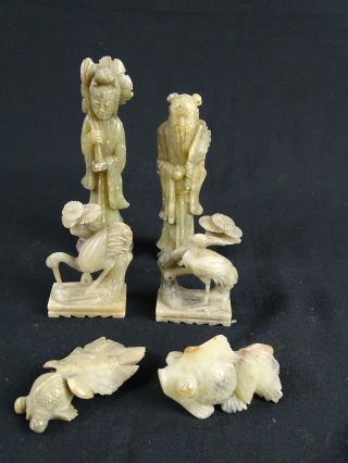 6 Antique Chinese Soapstone Carvings Inc Guan Yin Gold Fish Stalks Etc China