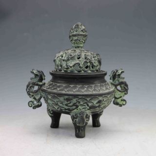 Chinese Hand - Carved Bronze Dragon Incense Burner & Lid
