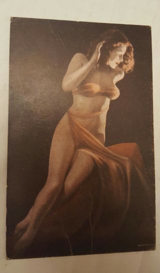 Rare Vintage Pin - Up Girl Arcade Card Post Card Red Head Woman Sexy Boudoir D