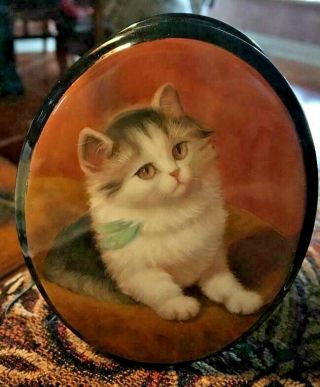 Vintage Russian Handpainted Cat Trinket Box - Rare