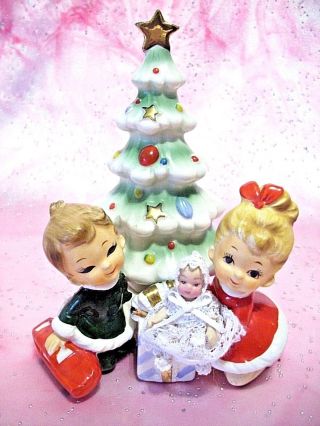 Rare Vtg Josef Christmas Tree W/ Little Girl W Doll & Boy W Car Figurine