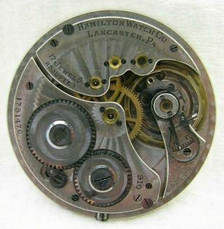 Antique 12s Hamilton 17j Grade 910 Pocket Watch Movement Parts