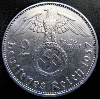 Rare 1937a 2 Mark Silver Bullion German Swastika Nazi Germany 3rd Reich Ww2 Coin