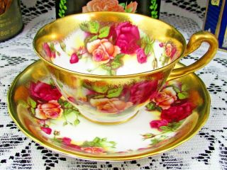 Royal Chelsea Golden Rose Heavy Gold Gilt Red Rose Tea Cup And Saucer