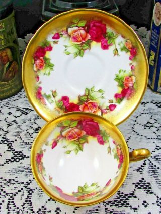 ROYAL CHELSEA GOLDEN ROSE HEAVY GOLD GILT RED ROSE TEA CUP AND SAUCER 2