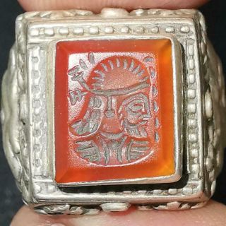 Solid Silver Unique Old Roman Agate King Face Intaglio Stone Lovely Ring 29