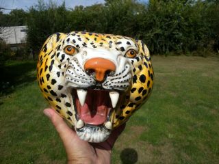 Rare Large Mid Century Modern Art Pottery Head Vase Planter Big Cat Leopard Face