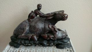 Large Heavy Antique Chinese Soapstone Sculpture " Boy,  Water Buffalo & Calf.