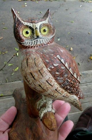 Vintage 1971 O.  F.  Heft Folk Art Wood Carved Screech Owl Duck Decoy