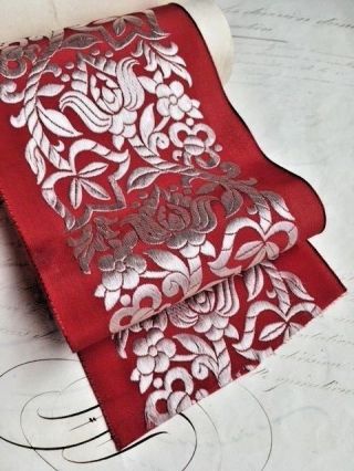 Antique Red Silk Ribbon Roll Wide Width Embroidered Gorgeous Last One