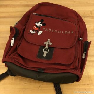 Very Rare Disney Passholder Backpack Full Size Mickey Mouse Embroidery Dark Red