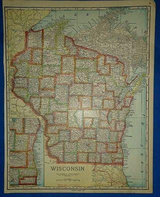 Vintage Circa 1923 Wisconsin Map Old Antique Atlas Map