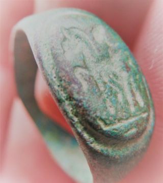 Ancient Byzantine Bronze Ae Seal Ring Depicting Horse And Rider Rare