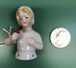 2” Antique German Porcelain Half 1/2 Doll Child With Bonnet & Flower