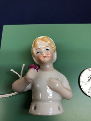 2” Antique German Porcelain Half 1/2 Doll Child With Bonnet & Flower 2