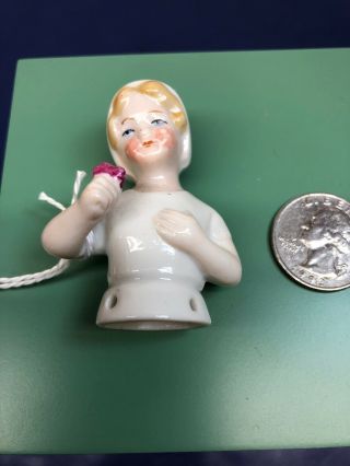 2” Antique German Porcelain Half 1/2 Doll Child With Bonnet & Flower 3