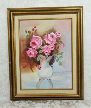 Vintage Floral Oil Painting Of Pink Roses In A Vase Still Life Signed