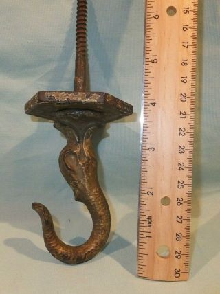 1860 - 1900 Victorian Large Figural Dolphin Cast Metal Hanging Oil Lamp Hook