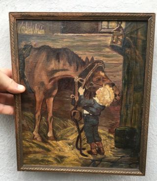 Vintage 10x12 Oil Painting Folk Art Young Boy Girl In Horse The Stable