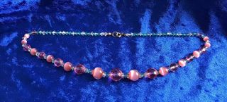 Antique Art Deco Pink Moonstone Glass & Peridot Cut Crystal Beads Necklace