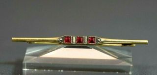 Antique Art Deco French Gold Filled Bar Pin Brooch Square Ruby Gemstones