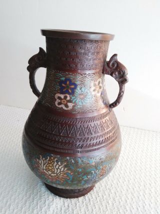 Antique Chinese Champleve Meiji Cloisonne Enamel Bronze Dragon Head Handle Vase