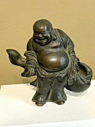 Antique Chinese Solid Bronze Happy Lucky Buddha Figure Very Heavy For Size