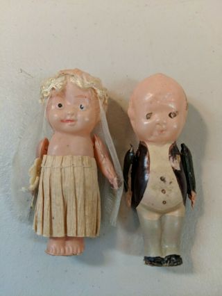 Vintage Antique Wedding Bride & Groom Small Celluloid Dolls Kewpie 1930’s